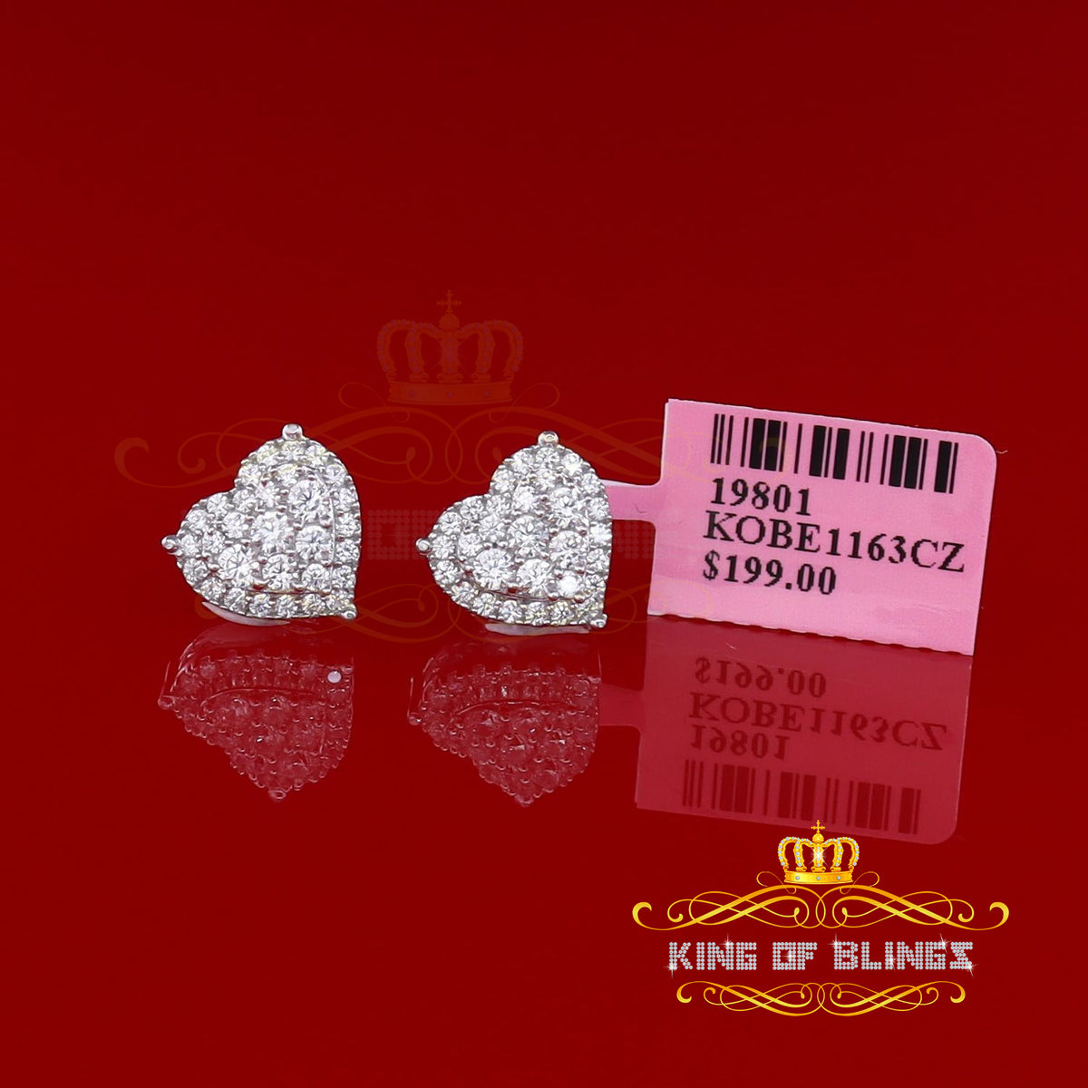King of Bling's Aretes Para Hombre 925 White Silver 1.64ct Cubic Zirconia Heart Women's Earrings KING OF BLINGS
