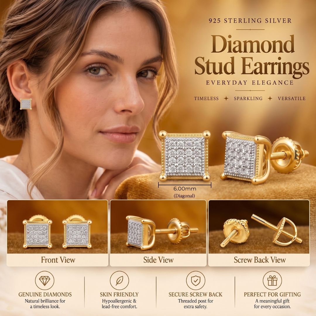 King Of Bling's 0.10ct Diamond Collection Yellow 925 Sterling Silver Women & Men Square Earrings KING OF BLINGS