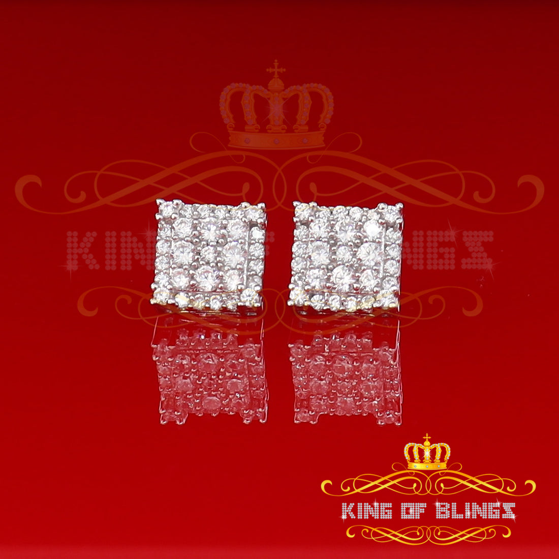King of Blings- 925 White Sterling Silver 0.96ct Cubic Zirconia Women's & Men's Square Earrings KING OF BLINGS