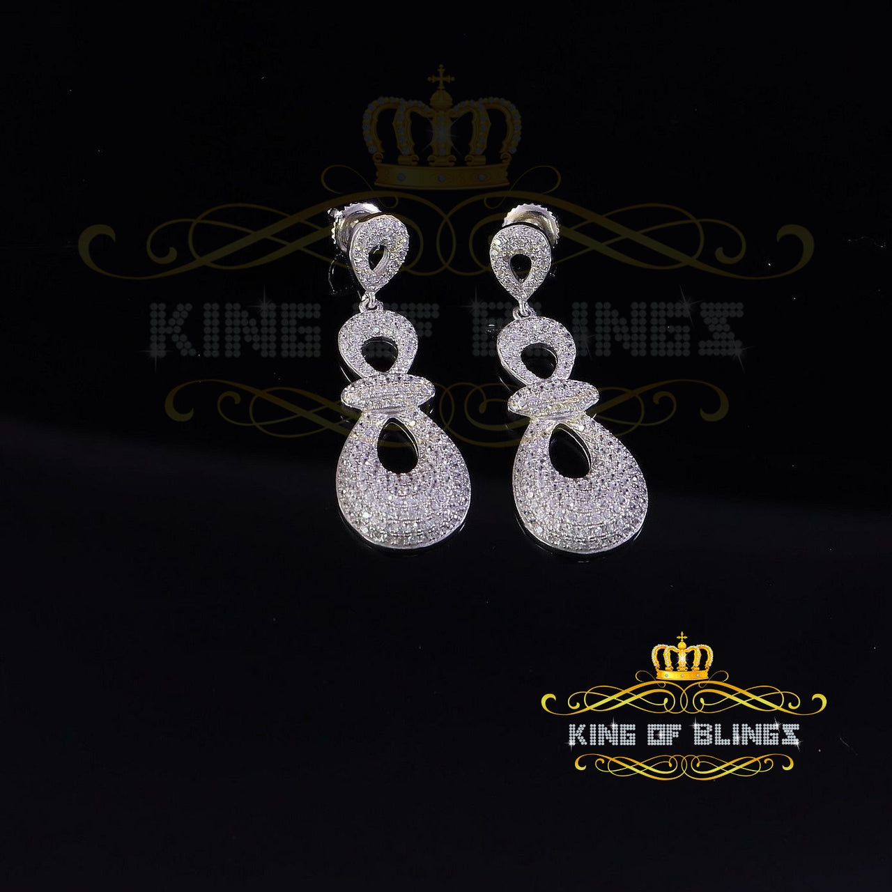 King of Bling's Men's White Gold Hip Hop Iced Round dangling 925 Sterling Silver Earrings