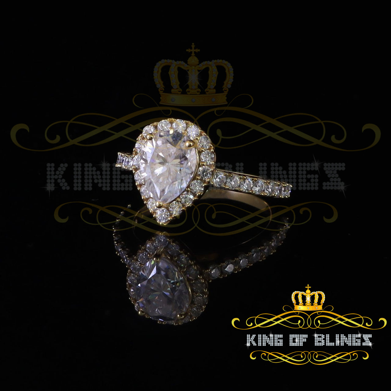 King Of Blings  10K Yellow Gold 2.50CT 'VVS' 'FL' D clr Pear Cut Moissonite Womens Ring Size 7