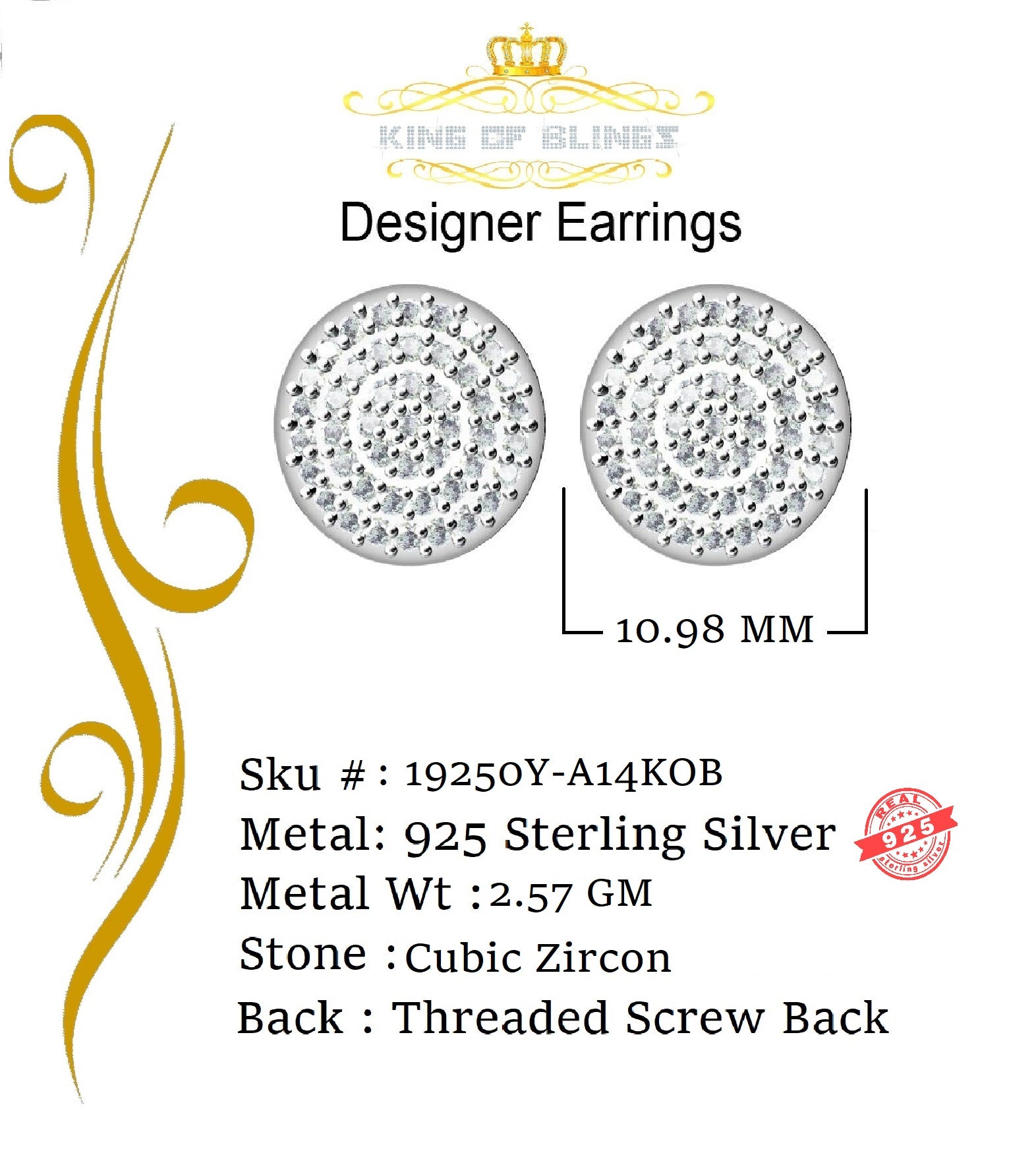 King of Bling's Aretes Para Hombre 925 Yellow Silver 1.48ct Cubic Zirconia Round Women's Earring KING OF BLINGS