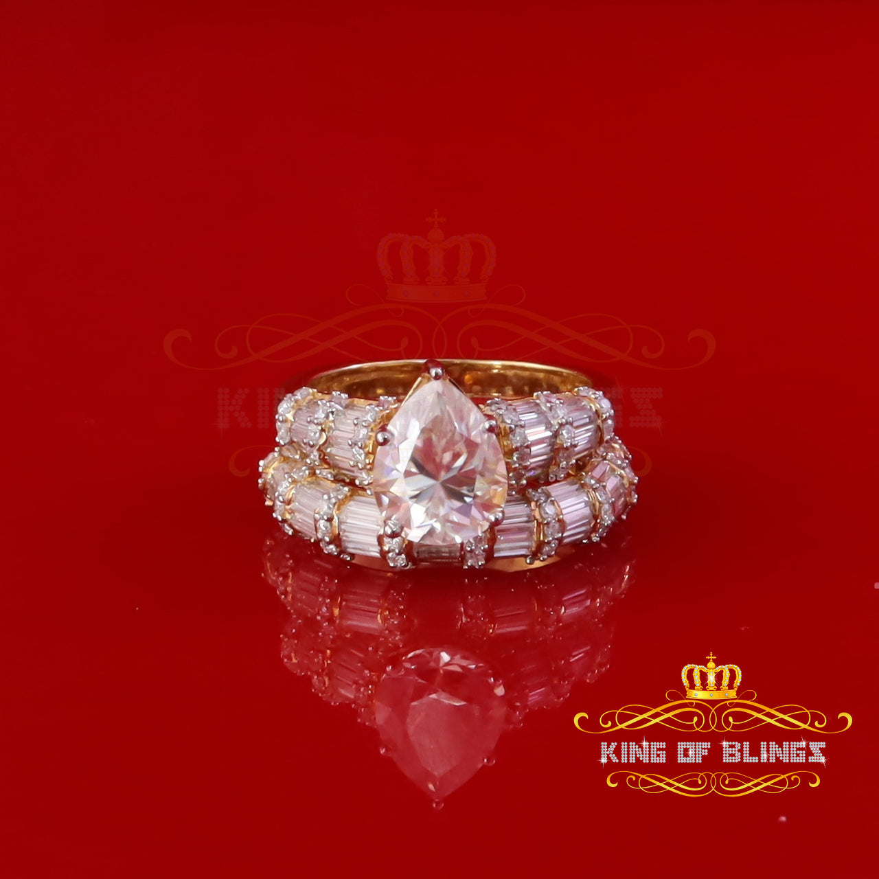 King of Bling's 925 Silver Moissanite 6.00ct Pear Cut Yellow Sapphire 2pc Bridal Set Ring Size 8