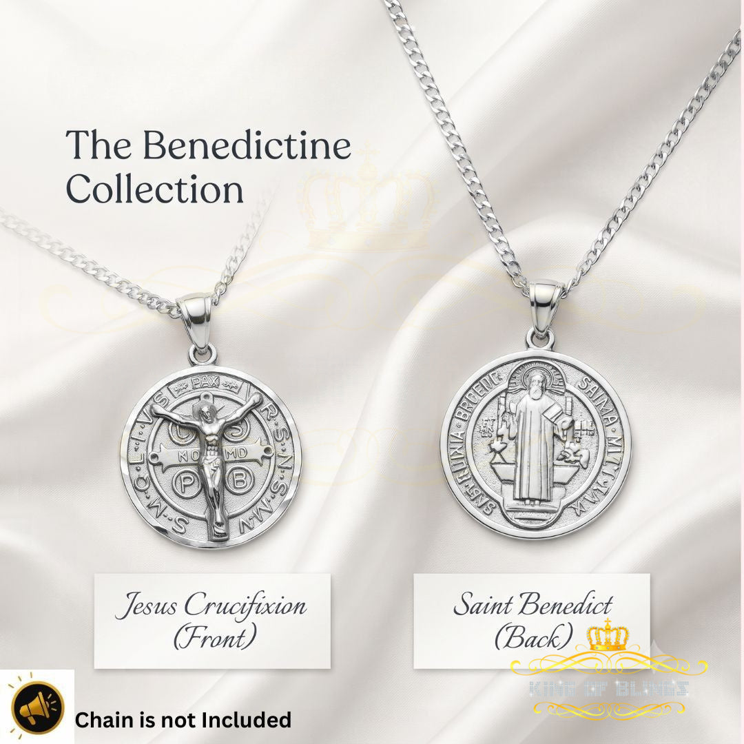 King Of Bling's Double Side Jesus Crusification & ST Benadict Men/Women Pendant White 925 Silver