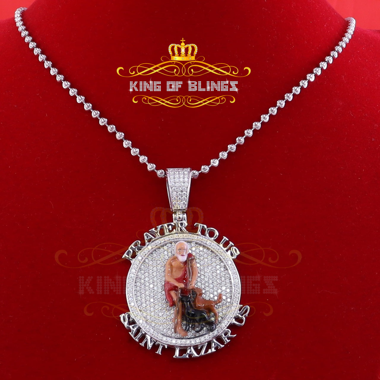 King Of Bling's 5.0ct Moissanite Sterling Silver Enamel SAINT LAZARUS White Pendant for He/She KING OF BLINGS