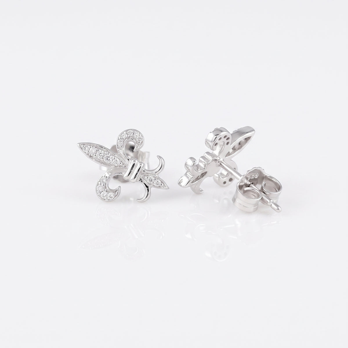 King of Bling's 925 White Silver Fleur de Lis Screw Back 0.25ct Cubic Zirconia Ladies Earrings KING OF BLINGS