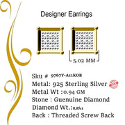 King of Blings-925 Sterling Silver 0.05ct Genuine Diamond Women's & Men's Yellow Square Earring KING OF BLINGS