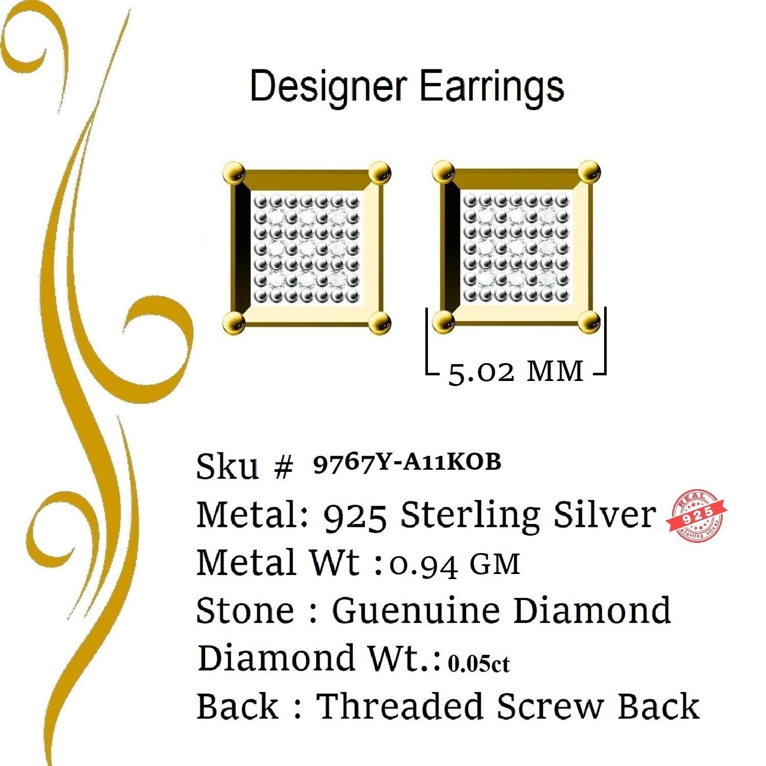King of Blings-925 Sterling Silver 0.05ct Genuine Diamond Women's & Men's Yellow Square Earring KING OF BLINGS