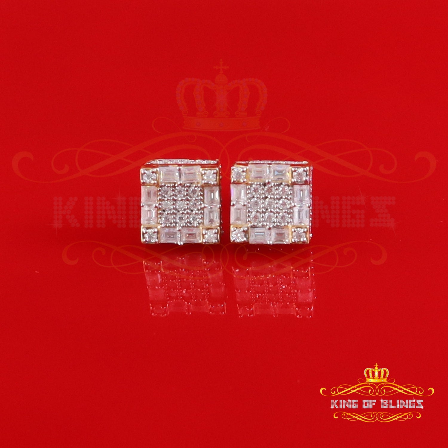 King  of Bling's 925 Yellow Silver 1.00ct VVS 'D' Moissanite Square Stud Earring Men's/Womens King of Blings