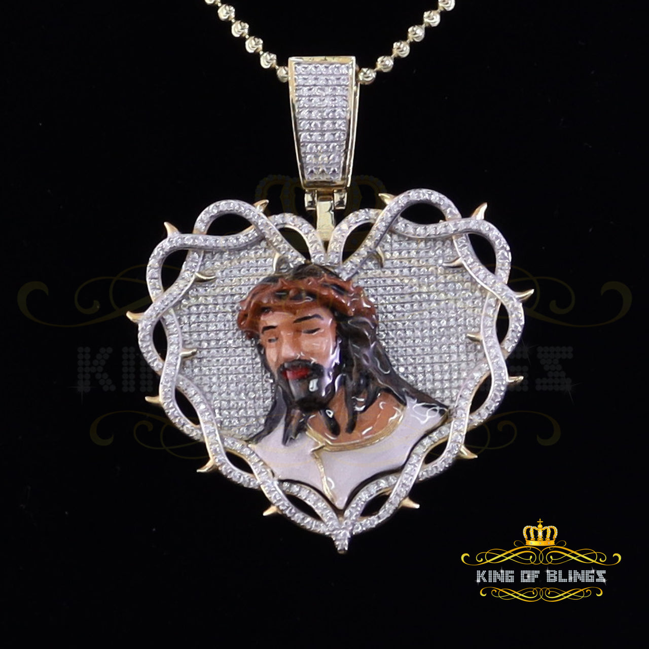 King Of Bling's KOB 'S 925 Silver 2.00ct Moissanite 1.65 inch Yellow Thorn Heart Jesus Pendant KING OF BLINGS