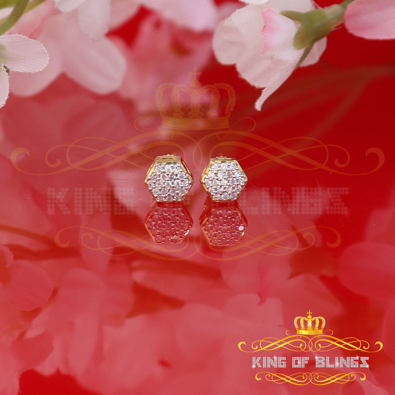 King of Bling's 925 Yellow Silver 0.38ct Cubic Zirconia Women's & Men Hip Hop Hexagon Earrings