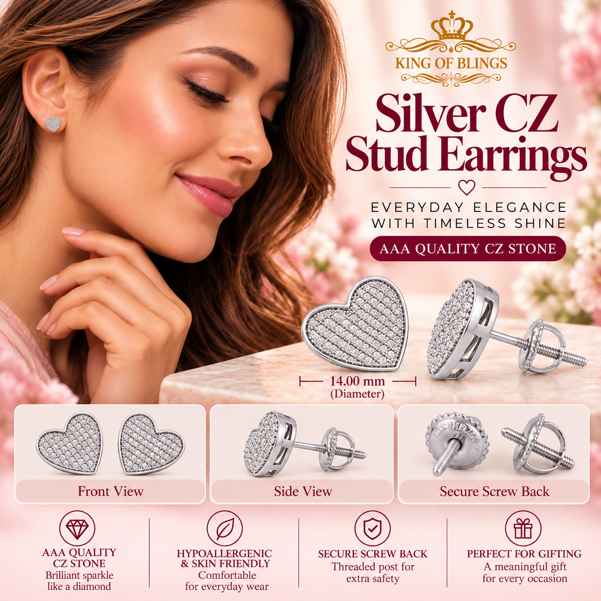King of Bling's 925 Sterling White Silver 0.84ct Cubic Zirconia Women's & Men's Heart Earrings KING OF BLINGS