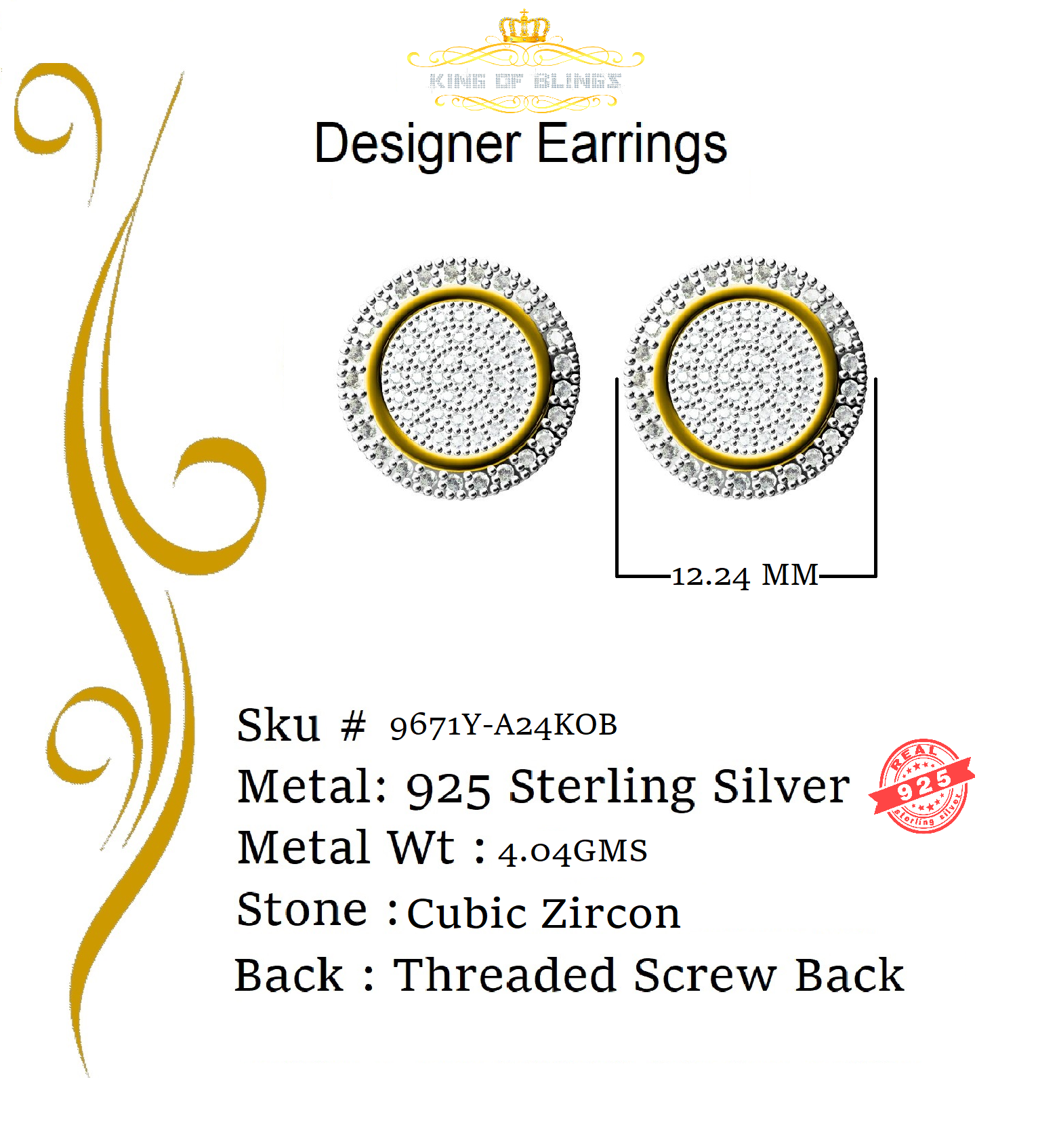 King of Bling's Aretes Para Hombre 925 Yellow Silver 1.07ct Cubic Zirconia Round Men's Earring KING OF BLINGS