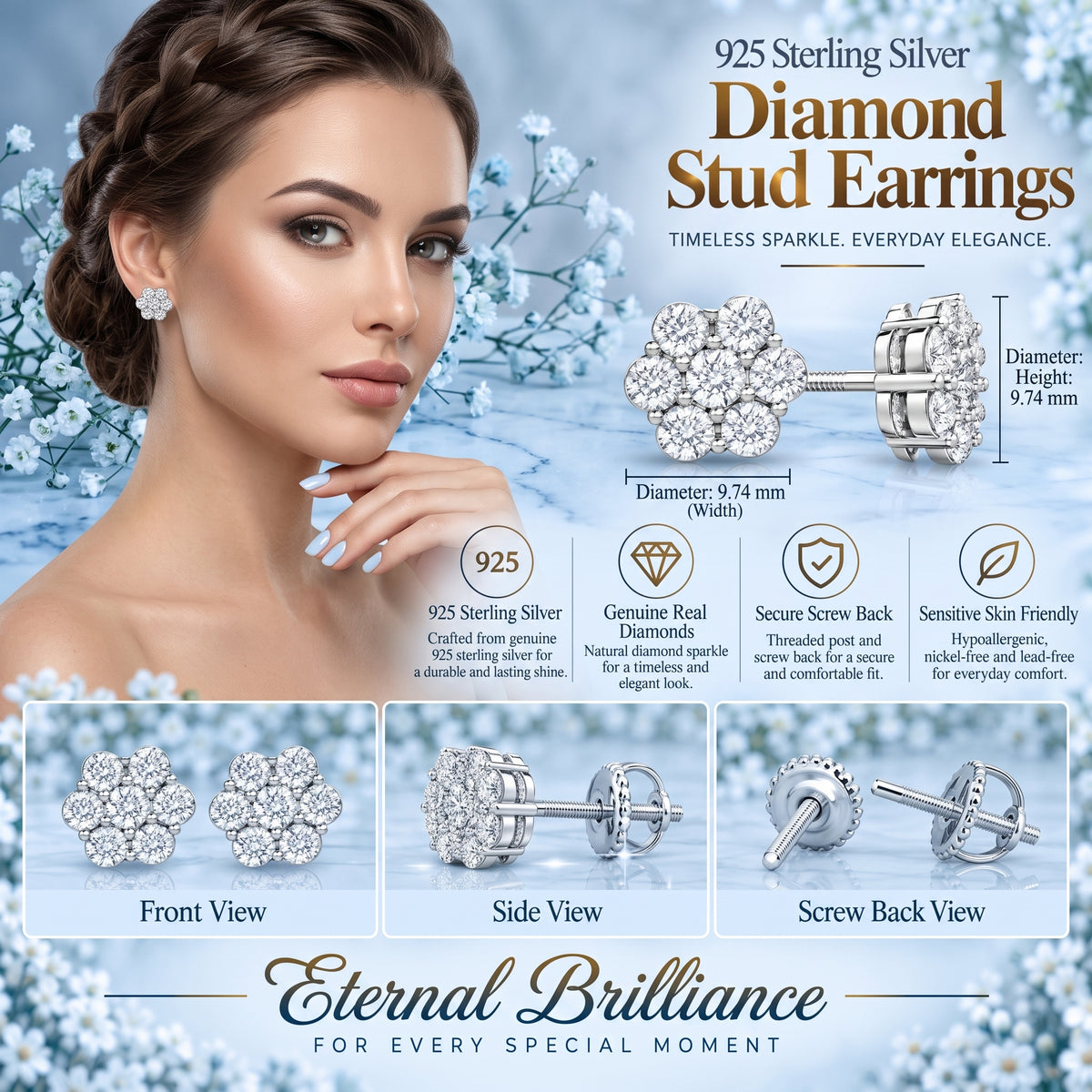 King Of Bling's 0.05ct Diamond 925 Sterling Silver White Floral Earrings For Men's / Women's KING OF BLINGS