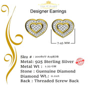 King of Blings-Micro Pave 0.11ct Real Diamonds 925 Yellow Silver Women's & Men's Heart Earrings KING OF BLINGS