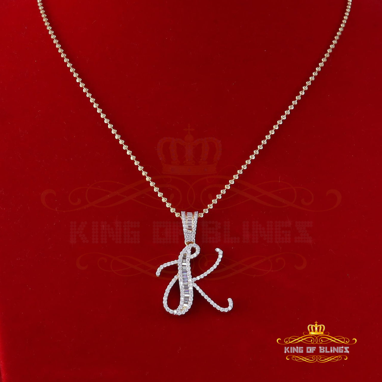 King Of Bling's 925 Silver Yellow 2.0ct VVS D Clr. Moissanite K Letter Baguette Pendant for Men's/Women's