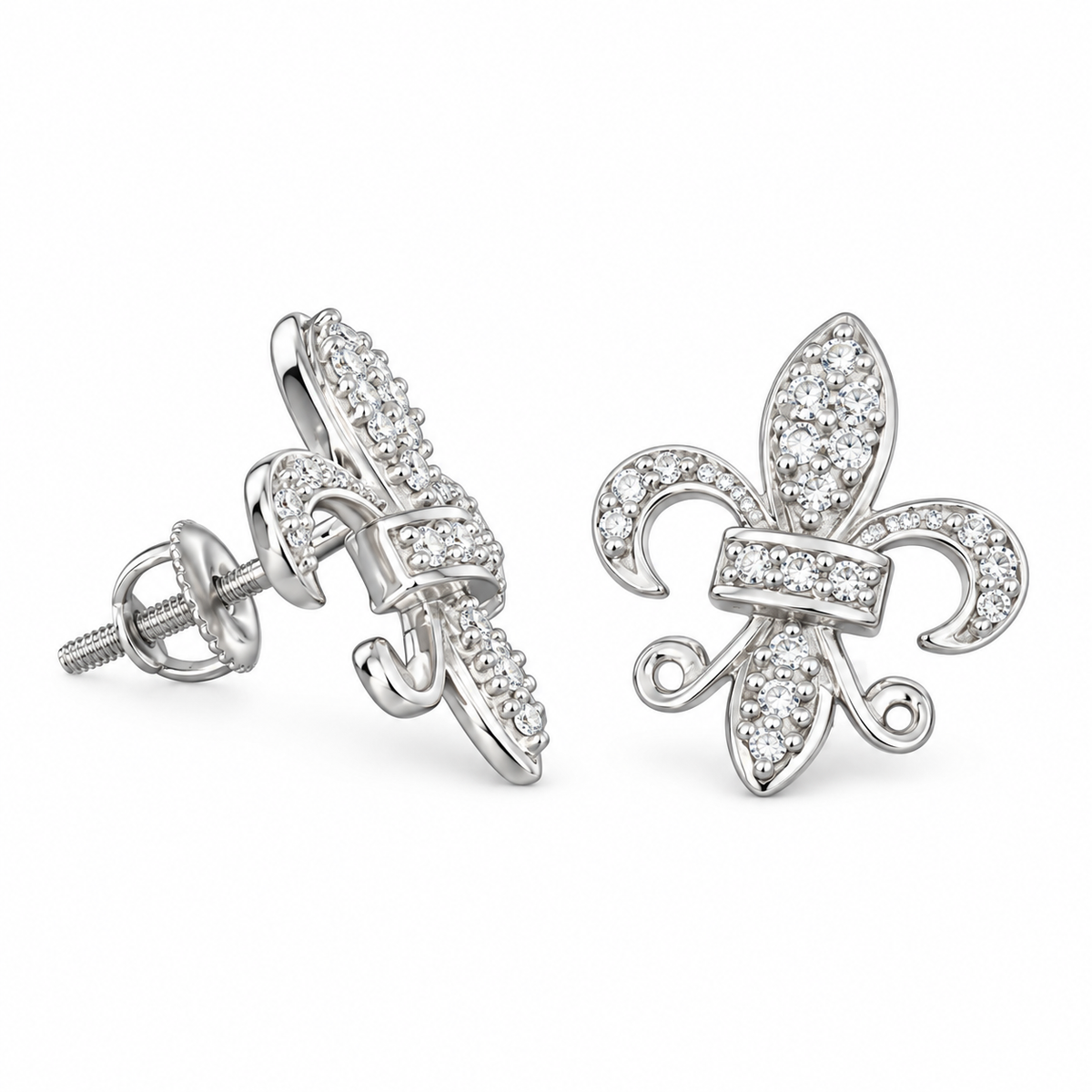 King of Bling's 925 White Silver Women's Fleur de Lis Screw Back 0.36ct Cubic Zirconia Earrings KING OF BLINGS