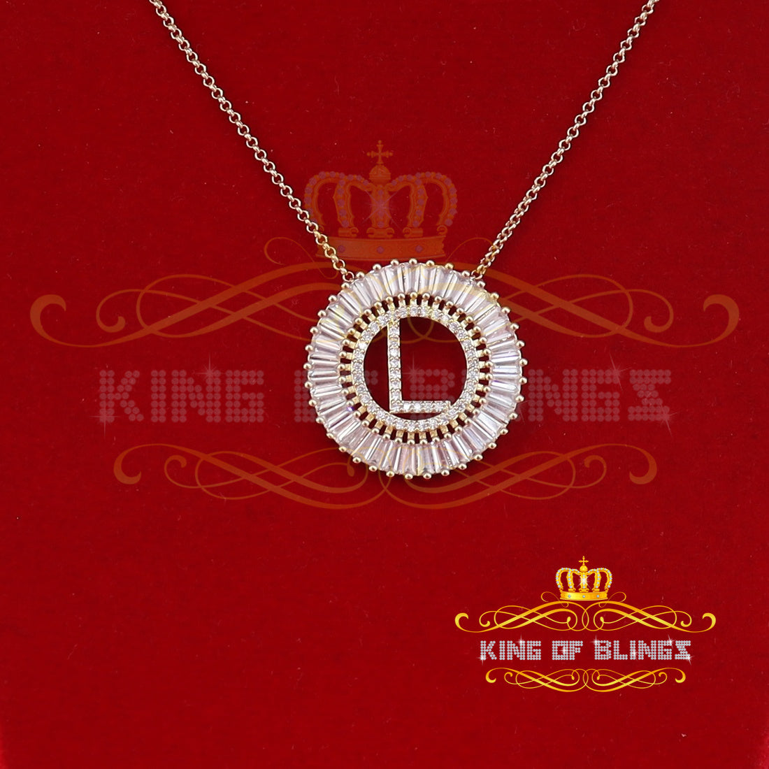 Woman's Necklace Circle Hollow Out Cubic Zirconia in Yellow Metal Letter Pendant KING OF BLINGS