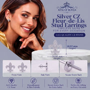 King of Bling's 925 White Silver Fleur de Lis Screw Back 0.25ct Cubic Zirconia Ladies Earrings KING OF BLINGS