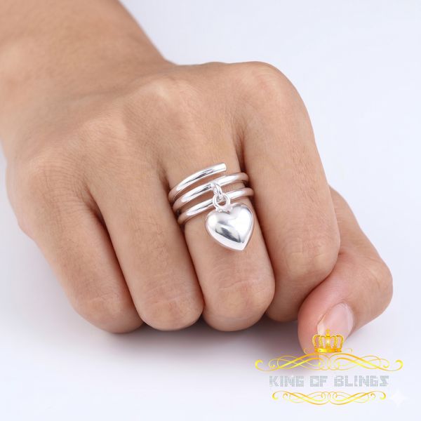 KING OF BLINGSWhite 925 Sterling Silver Hanging Heart Dangling Adjustable Women's Ring SZ 6