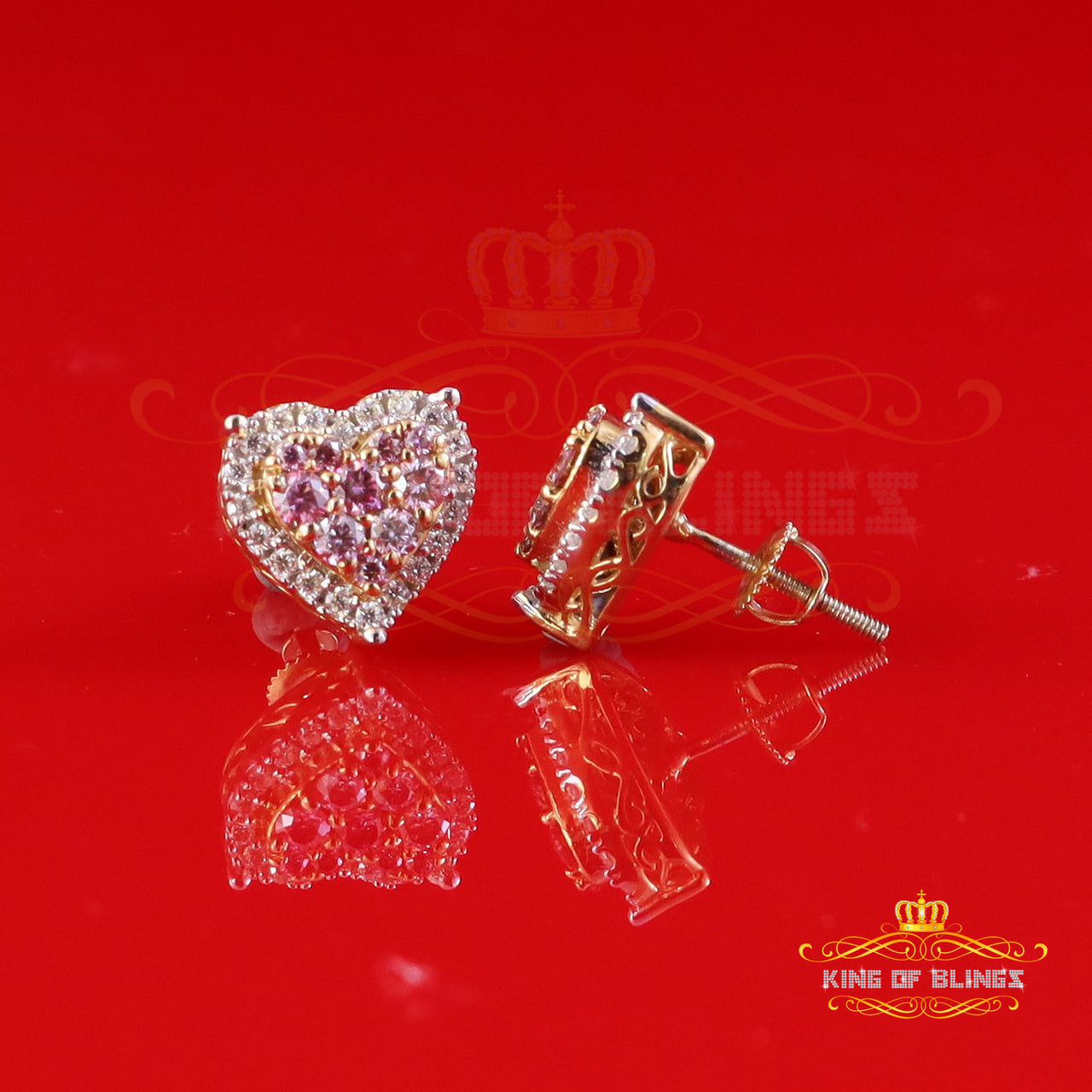 King  of Bling's Men's/Women's 925 Silver Yellow 1.00ct VVS 'D' Pink Moissanite 3D Heart Earrings