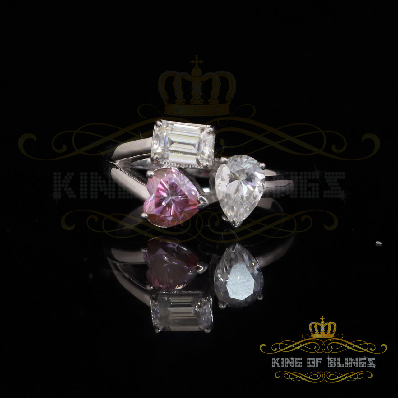 King of Bling's 2.50CT Womens Silver White VVS D Pink Moissanite Toi et Moi Engagement Ring SZ 7