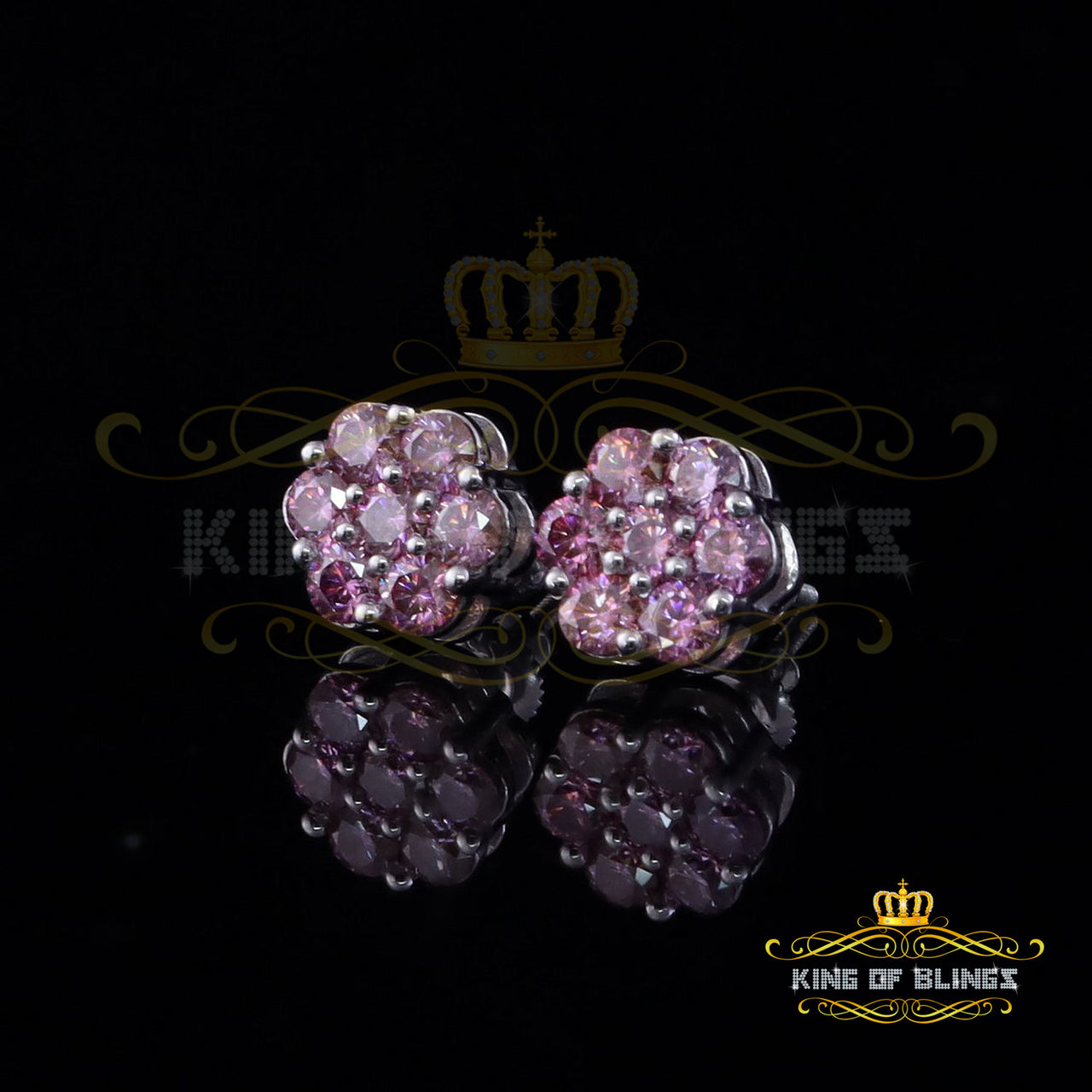 King of Bling's Men's/Women's 925 Silver White 1.66ct VVS D Pink Moissanite Floral Stud Earrings