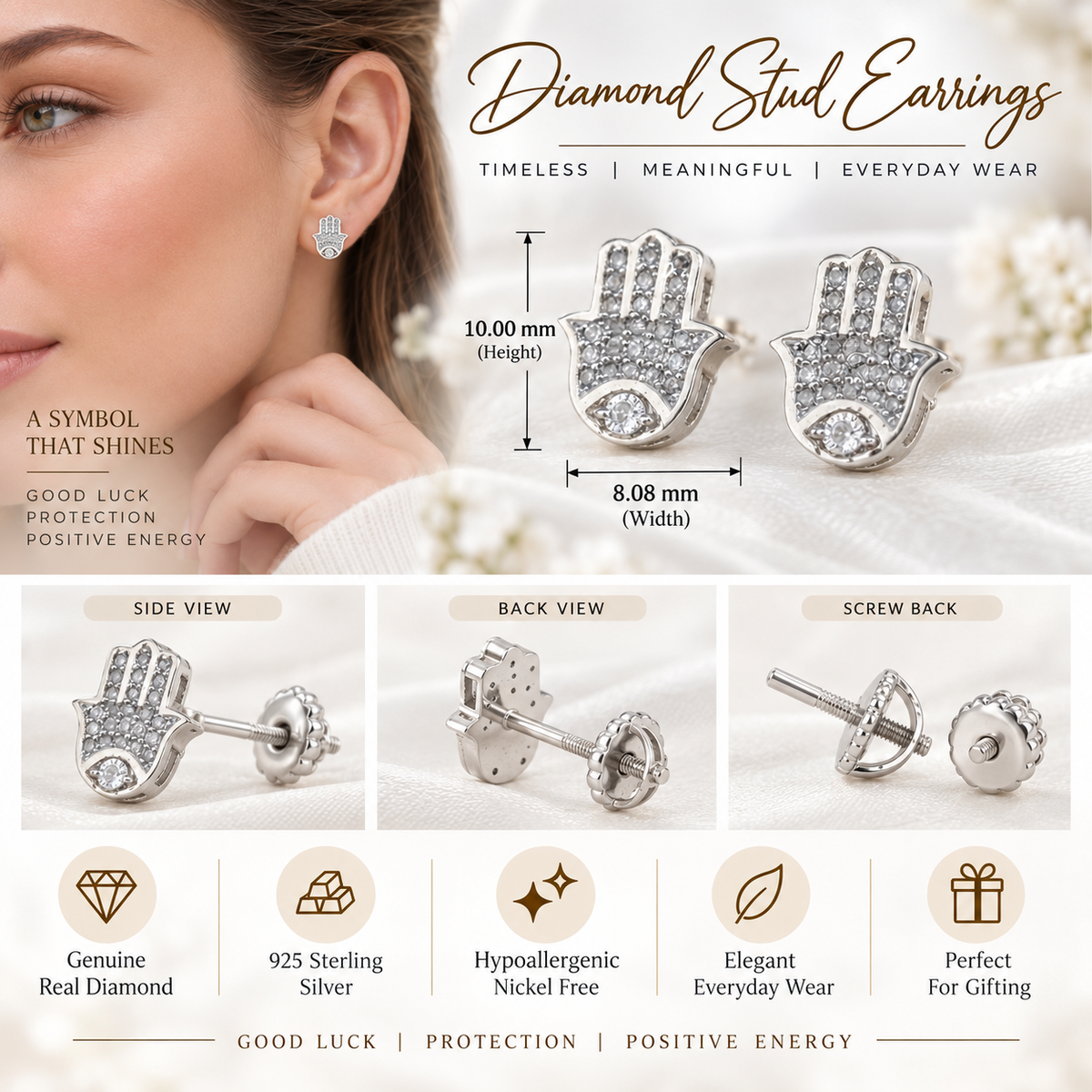 King Of Bling's Stud 925 White Sterling Silver 0.15ct Diamond Women's & Men's Hamsha Earrings KING OF BLINGS