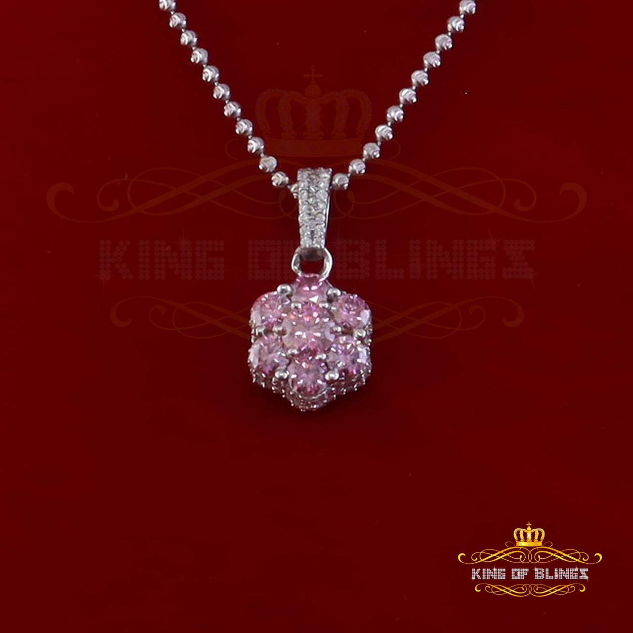 King Of Bling's Women's 925 Silver White 3.00 ct VVS D Pink Moissanite 3D 7 Stone Floral Pendant