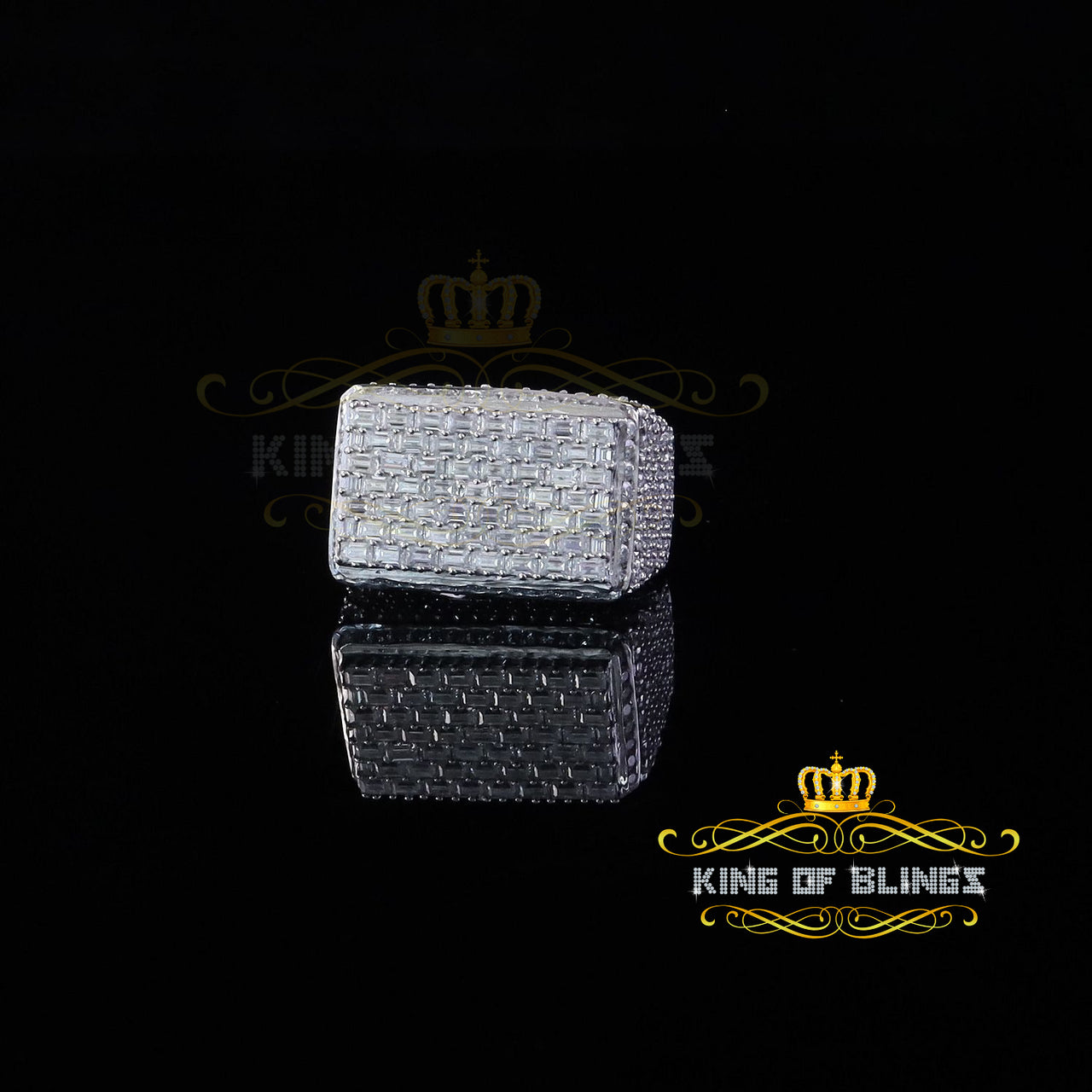 King of Bling's Men's/Womens 925 White Silver 6.50ct VVS 'D' Moissanite Rectangle Rings Size 10