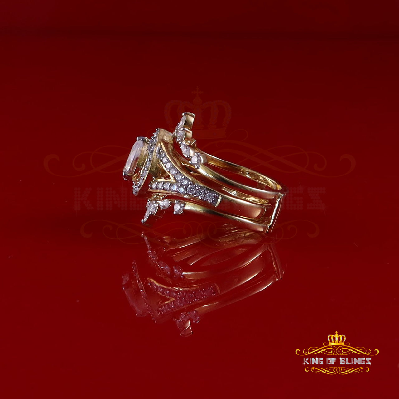 King of Bling's Pear Shape Moissanite Women's 925 Silver Yellow 1.66ct VVS 'D' Ring Guard Size 7