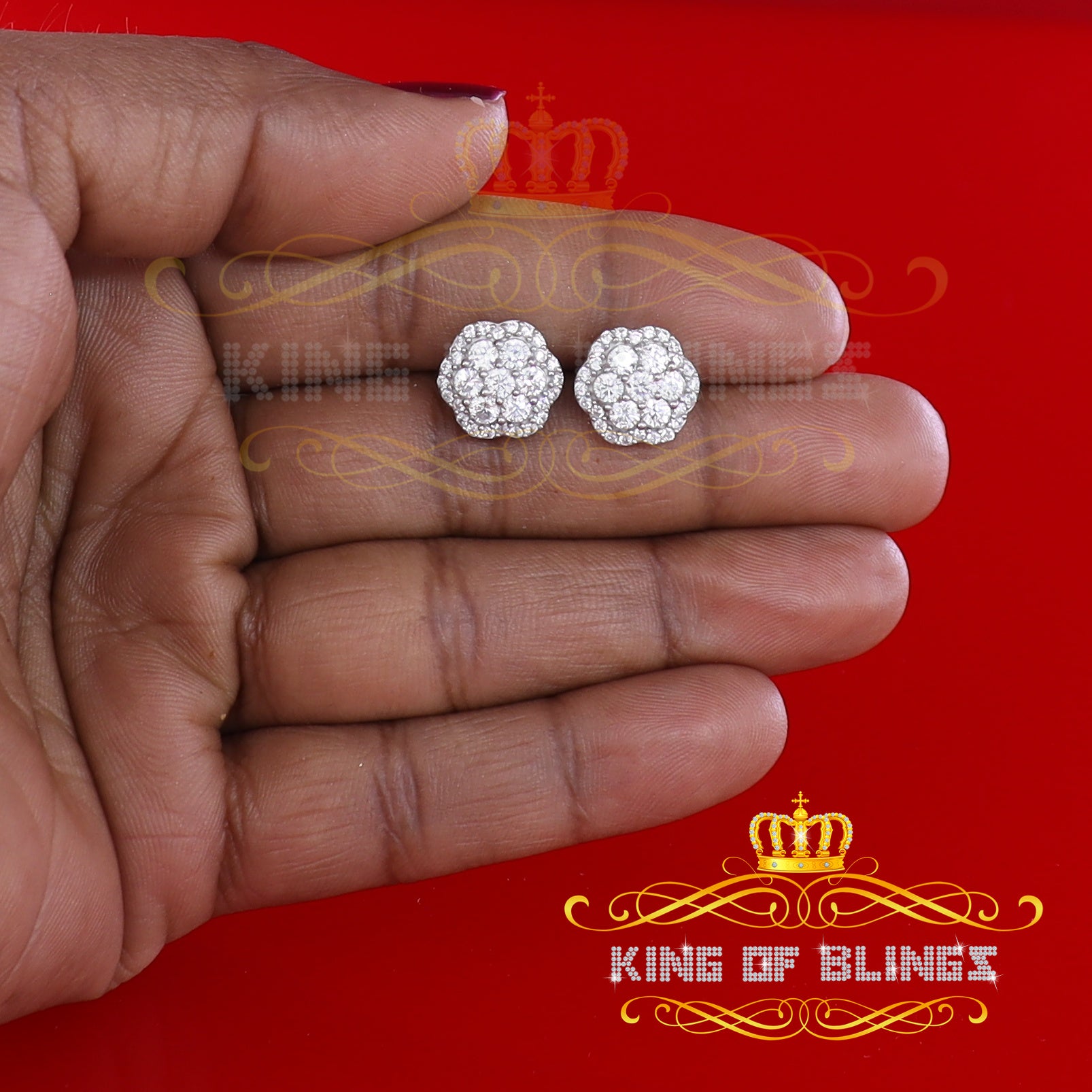 King of Blings- Aretes Para Hombre 925 White Silver 2.7ct Cubic Zirconia Flower Women's Earrings KING OF BLINGS