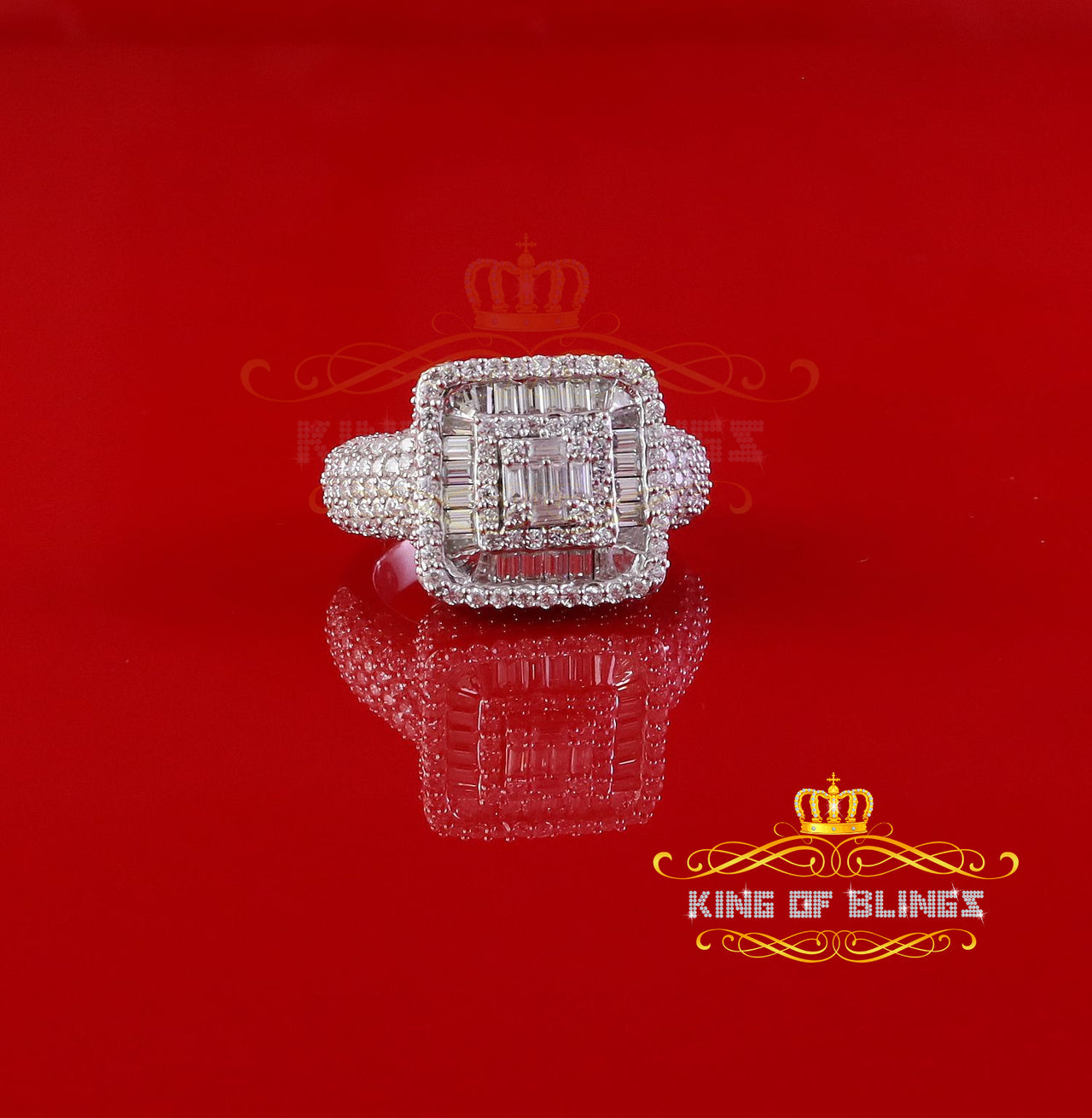 King of Bling's Men's/Womens 925 White Silver 4.50ct VVS D Moissanite Square Baguette Ring SZ 10