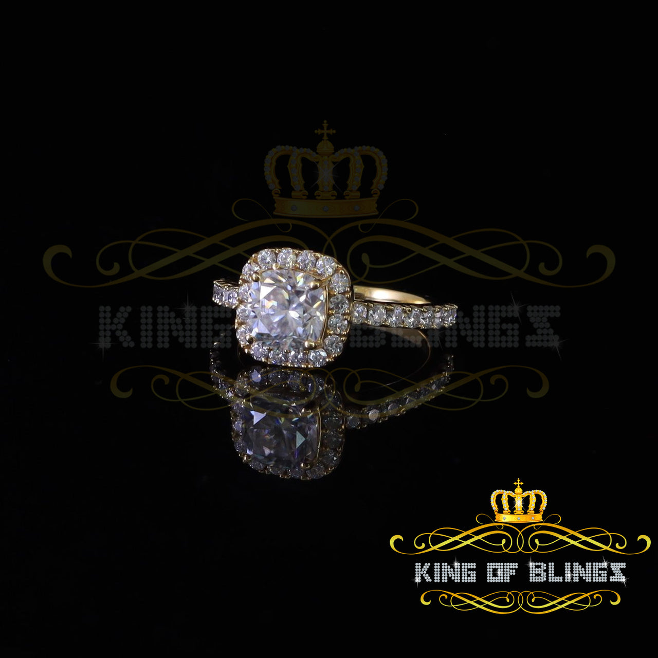 King Of Blings  10K Yellow Gold 2.50CT 'VVS' 'FL' D clr Moissonite Womens Cushion Cut Ring S/7