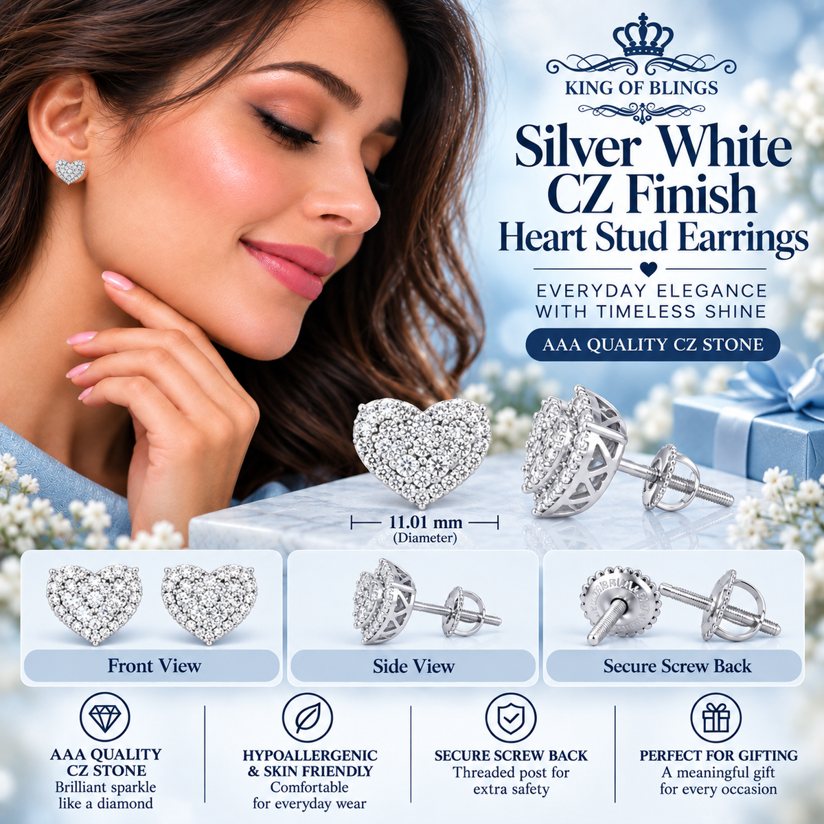 King of Bling's Aretes Para Hombre 925 White Silver 1.64ct Cubic Zirconia Heart Women's Earrings KING OF BLINGS