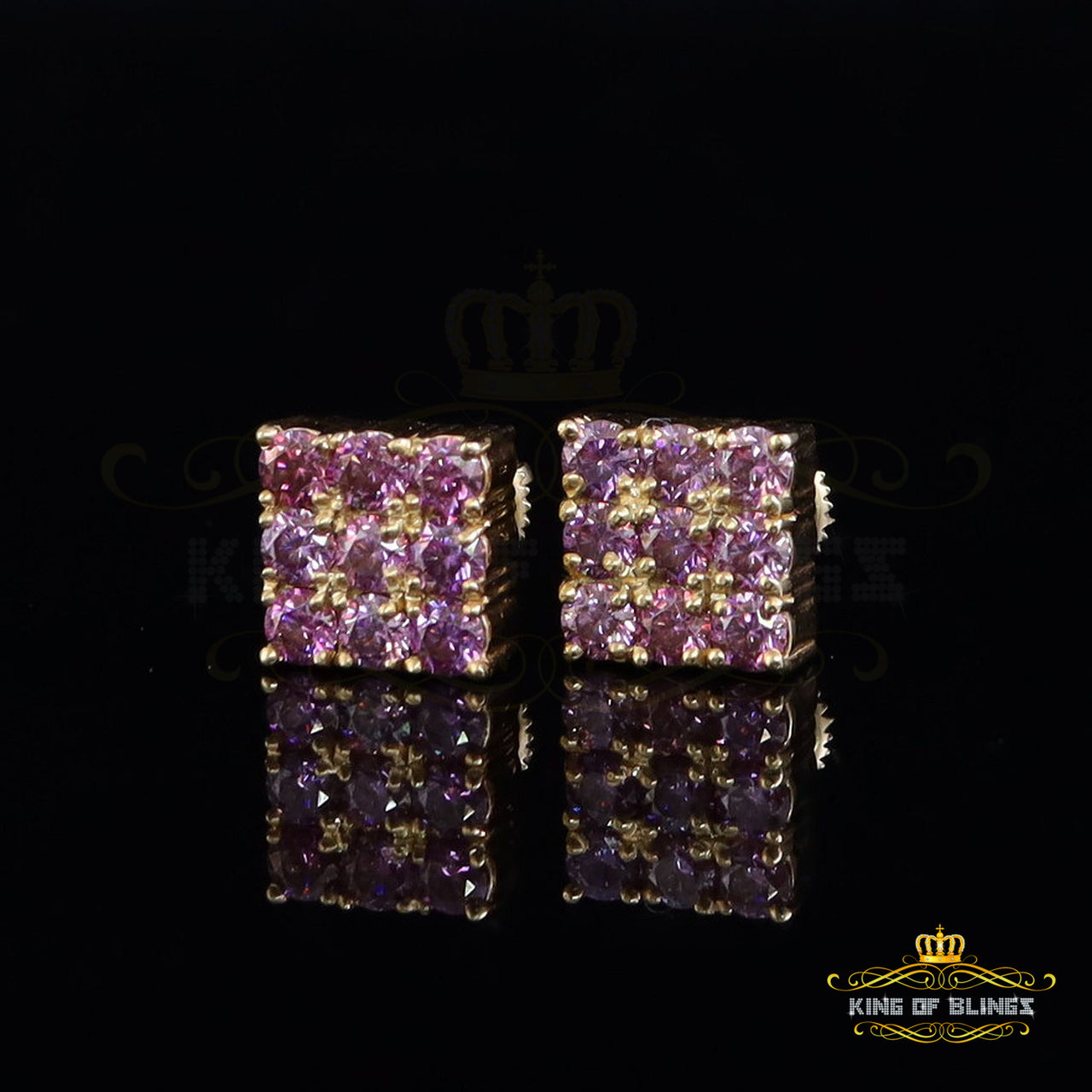 King  of Bling's 925 Silver Yellow 2.25ct VVS D Pink Moissanite Men/Women's Square Stud Earrings