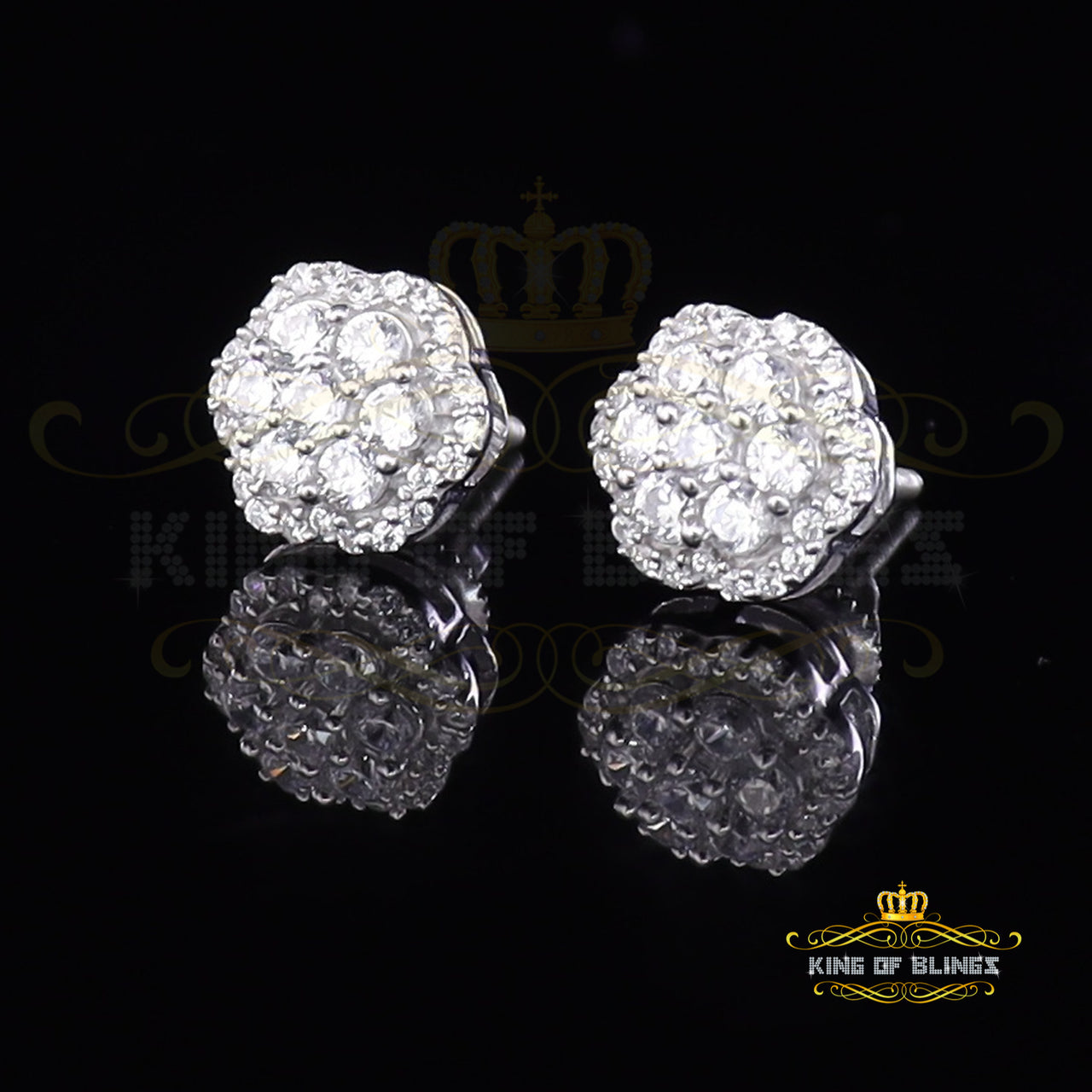 King of Blings- Aretes Para Hombre 925 White Silver Women's 1.22ct Cubic Zirconia Flower Earring KING OF BLINGS