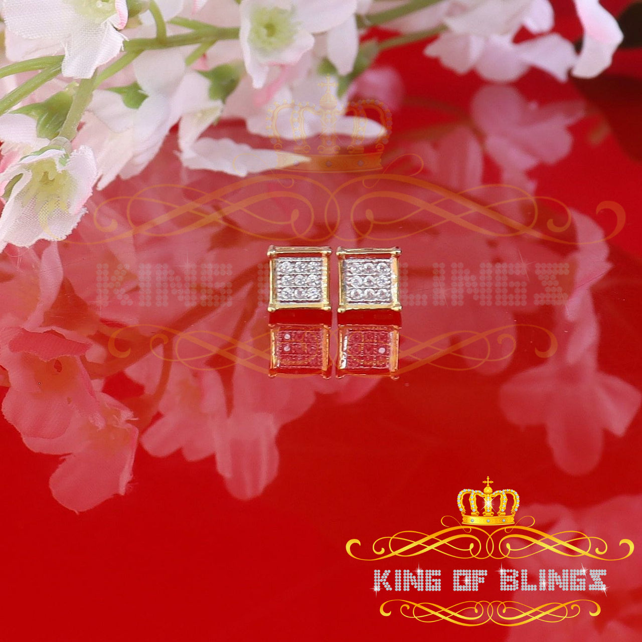 King of Bling's Yellow 925 Silver 0.14ct Men's & Women's Elegant Cubic Zirconia Square Earrings