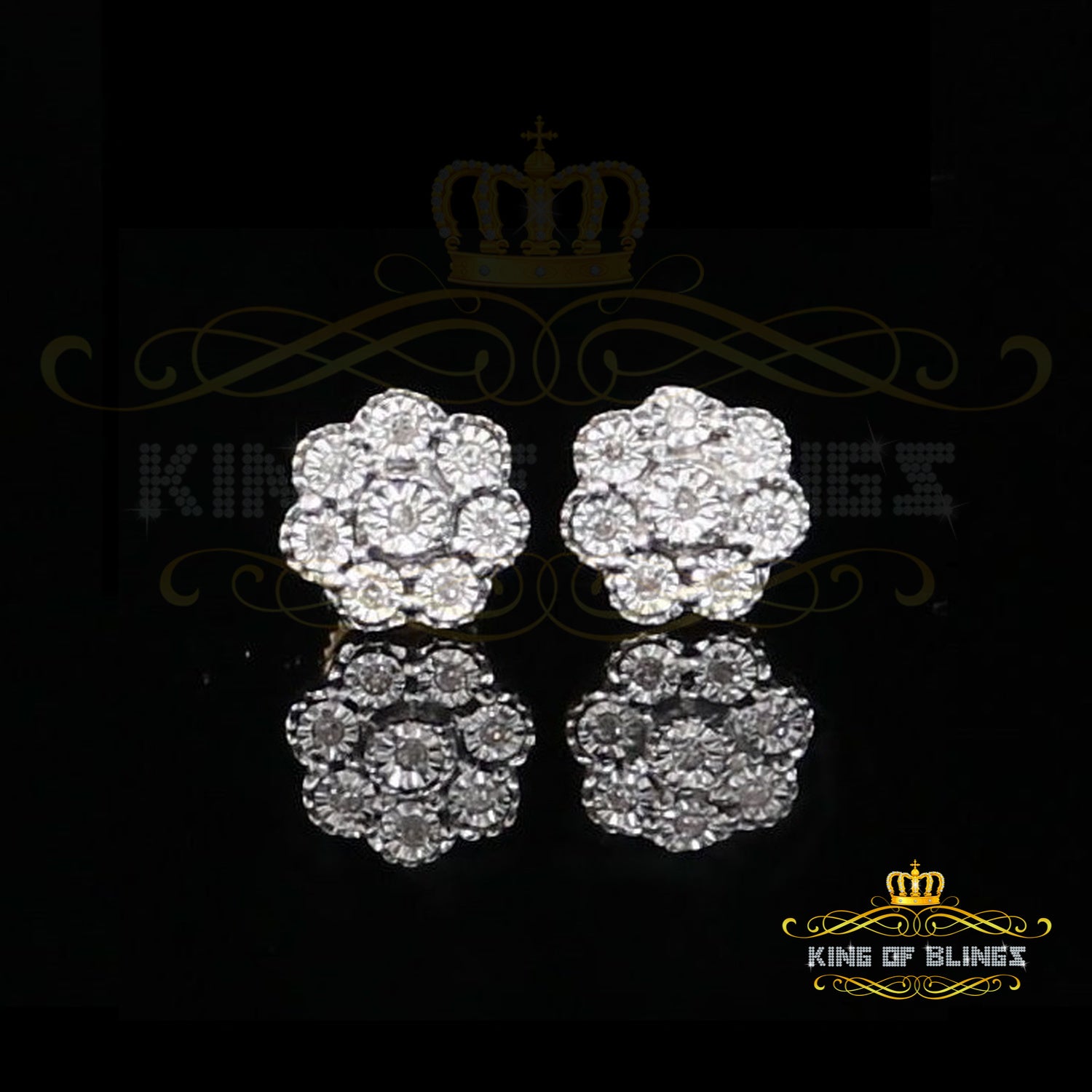 0.03ct Diamond 925 Sterling Silver Yellow Floral illusion Earrings For Men Women KING OF BLINGS