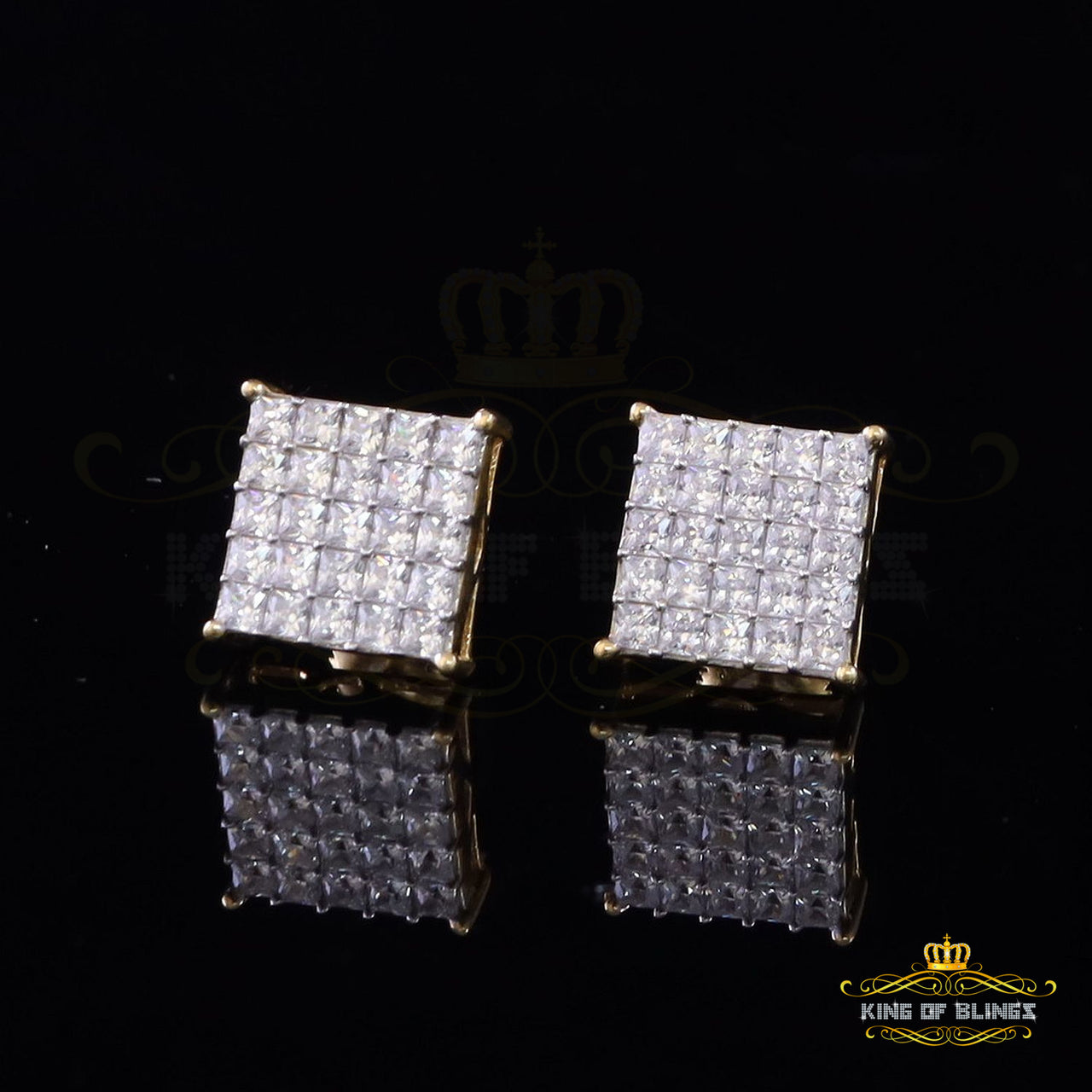 King of Bling's Yellow 925 Silver Screw Back 2.25ct Cubic Zirconia Women Hip Hop Square Earrings