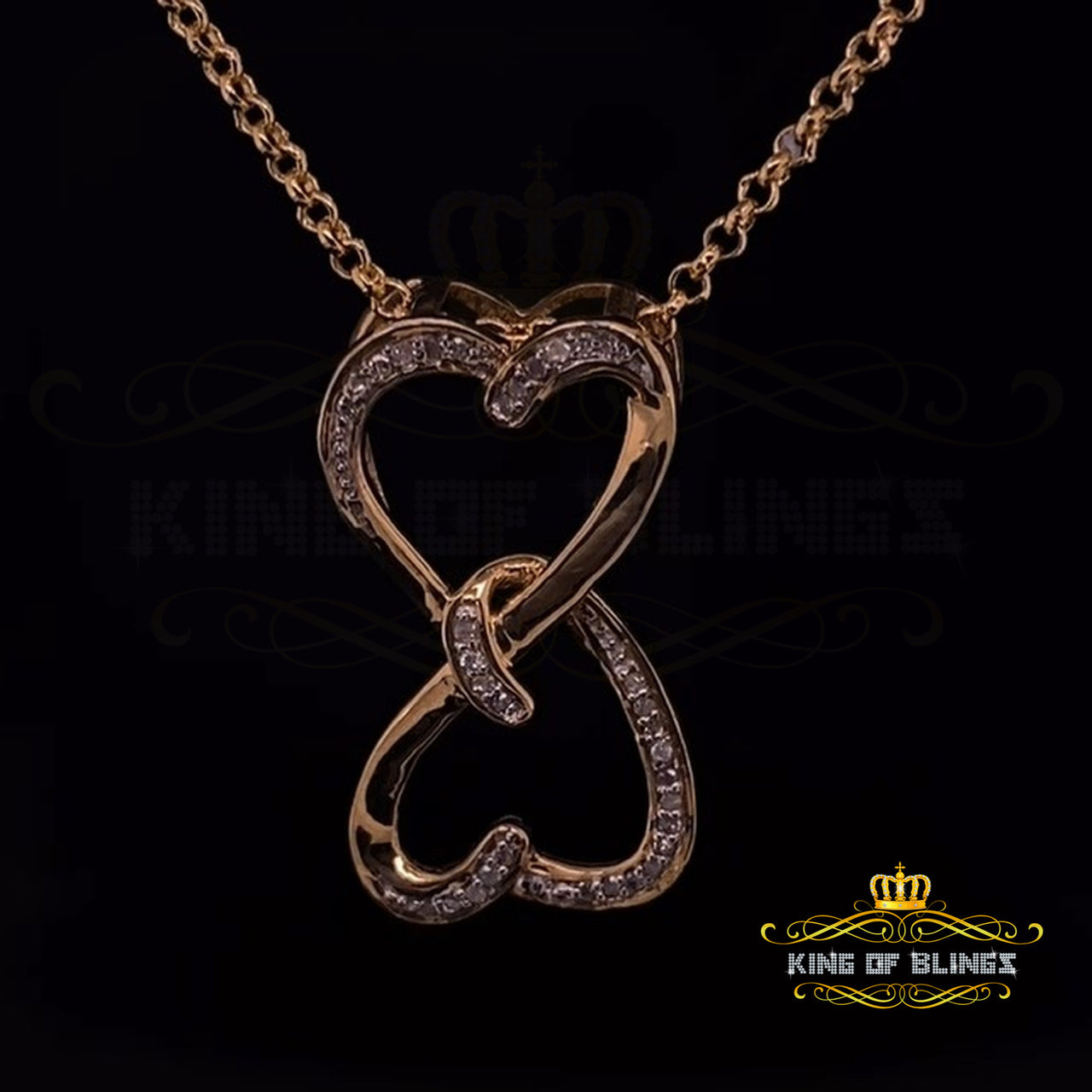 King Of Bling's Real 0.10ct Diamond Sterling Silver Double Heart Charm Necklace Yellow Pendant KING OF BLINGS