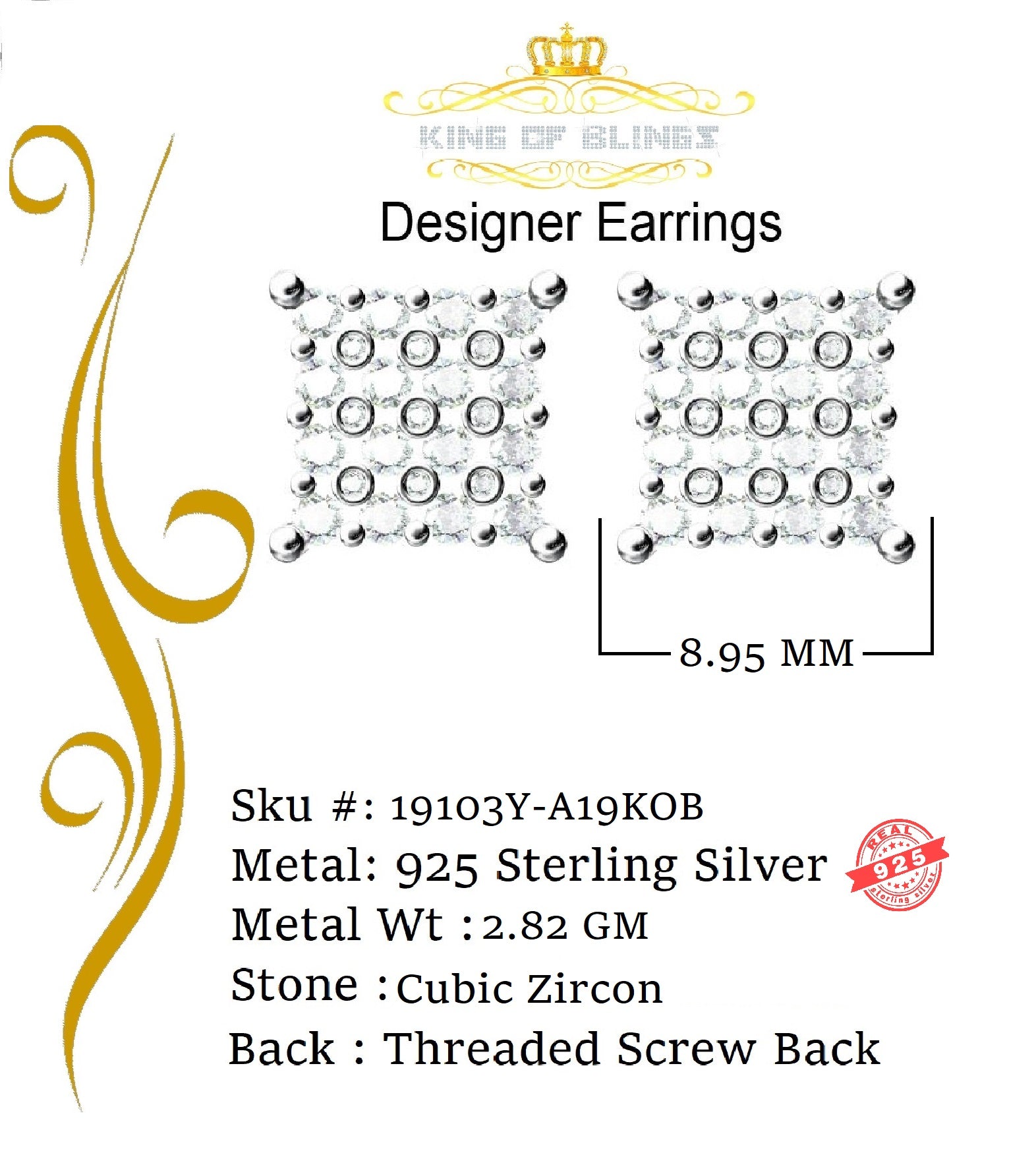 King of Bling's Yellow 925 Sterling Silver 2.06ct Cubic Zirconia Ladies Hip Hop Square Earrings KING OF BLINGS