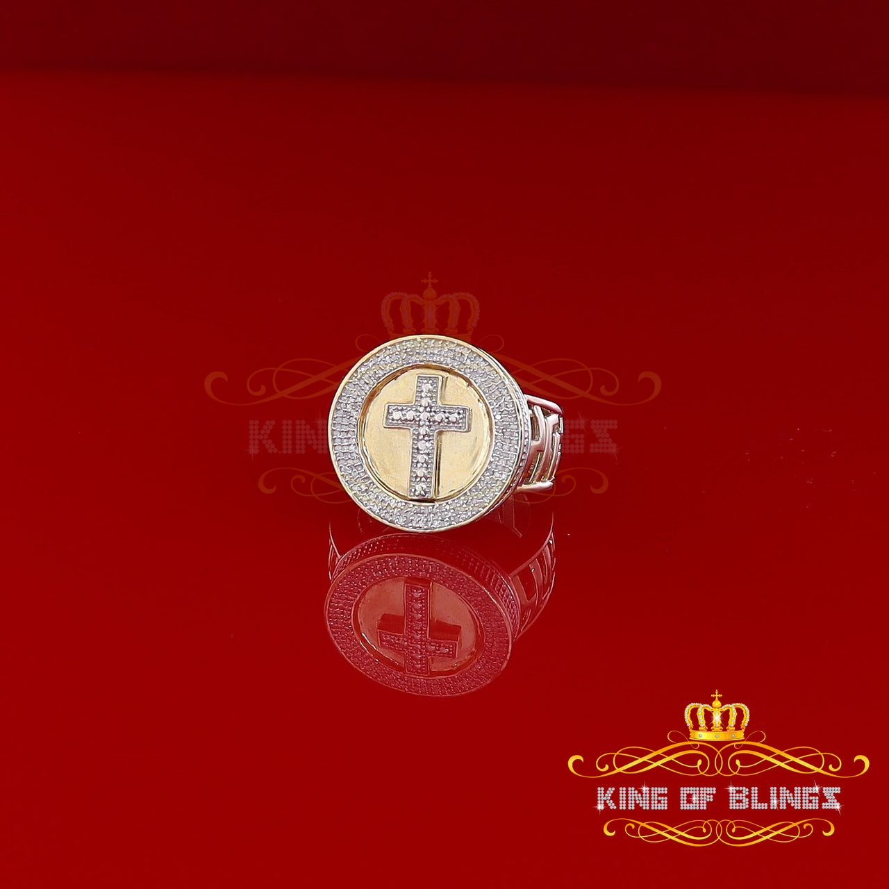 King Of Bling's Men's 0.40CT Silver Diamond Yellow Silver Round Adjustable Ring From SZ 10 to 12