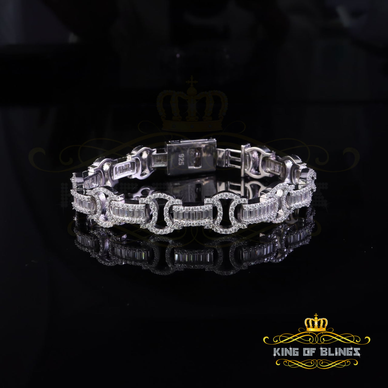 King Of Bling's 9.00ct Moissanite Baguette Silver White Byzantine Bracelet 8 In. Mens/Womens