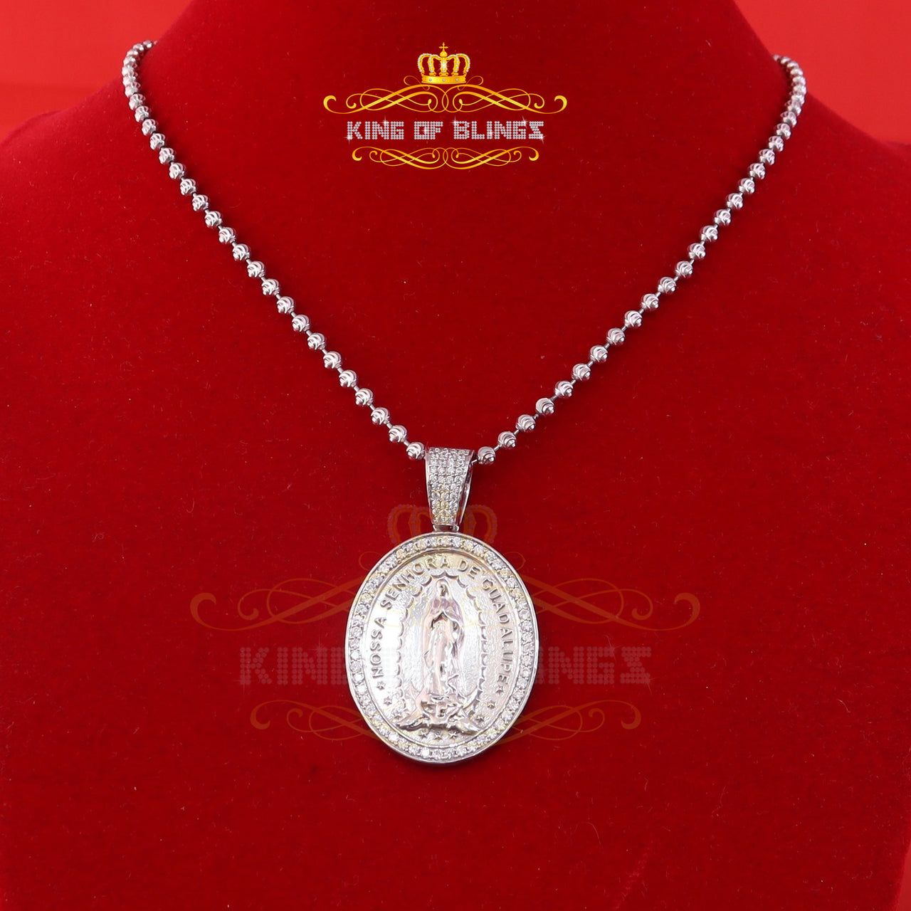 King Of Bling's 925 Silver 1.63ct CZ Stone Oval Our Lady of Guadalupe White 1.00inch 3D Pendant