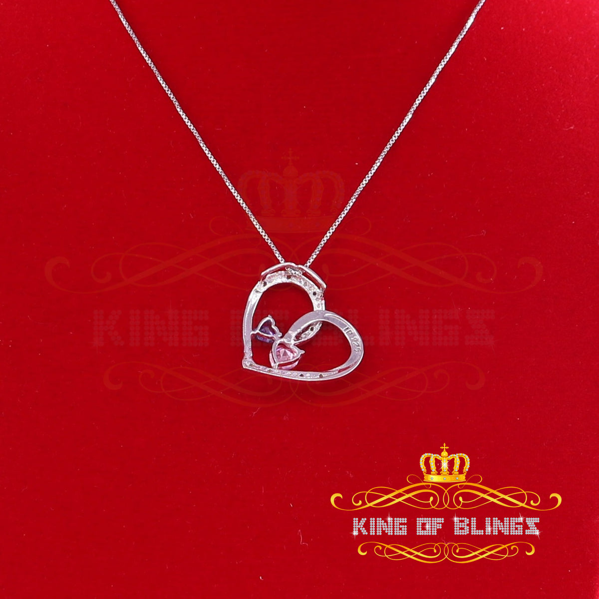 King Of Bling's Two Stones Pink Blue Heart Solitaire 0.1ct Silver Diamonds White Charm Pendant KING OF BLINGS