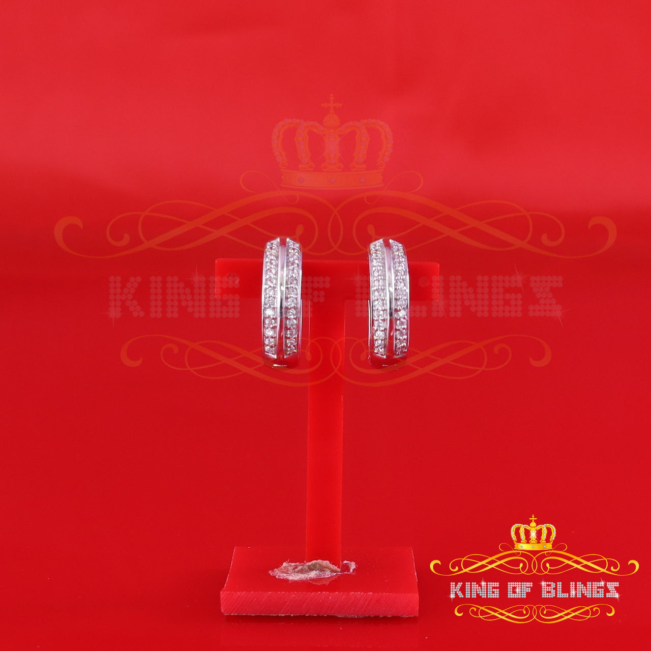 King of Bling's 0.50ct Men Hip Hop 925 Sterling Silver Iced 3 row Huggie Hoop Earrings