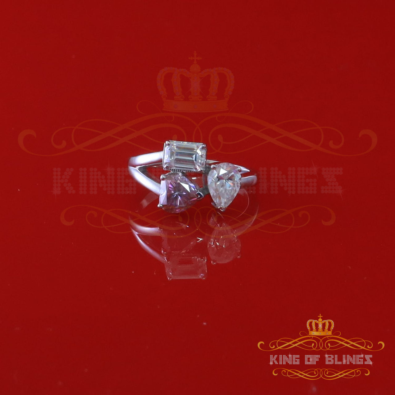 King of Bling's 2.50CT Womens Silver White VVS D Pink Moissanite Toi et Moi Engagement Ring SZ 7