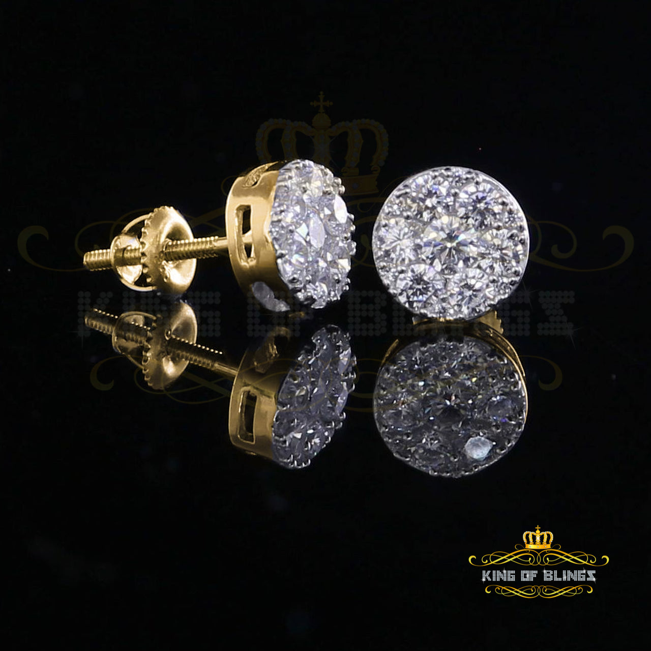 King of Bling's 1.72ct Cubic Zirconia 925 Yellow Silver Women's & Men's Hip Hop Round Earrings KING OF BLINGS