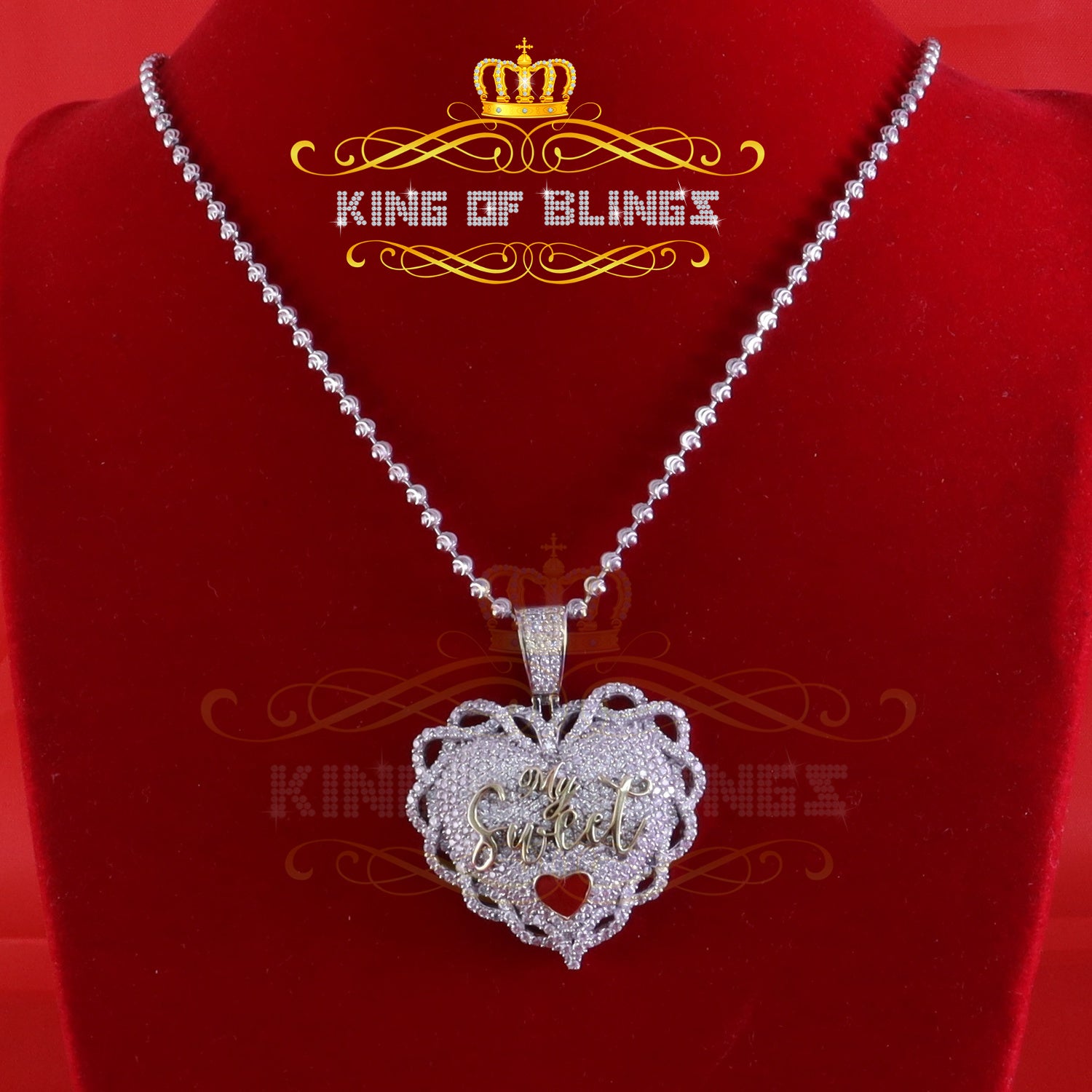 King Of Bling's SWEET HEART heart Shape 1.50 inch 6ct Real Moissanite 925 Silver White Pendant KING OF BLINGS